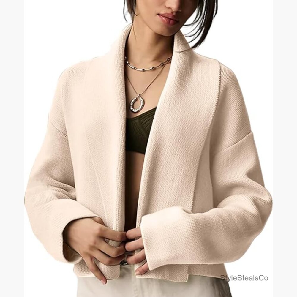 Oversized Cropped Cardigan Sweater Shawl Lapel Open Front Knit